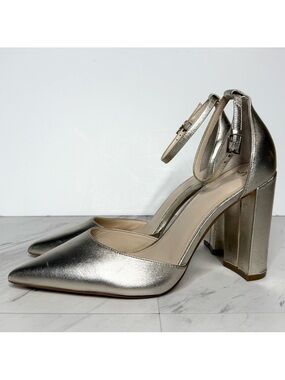 Marc Fisher Arnette Pointy Toe Ankle Strap Gold Leather Block Heel Pump 10M